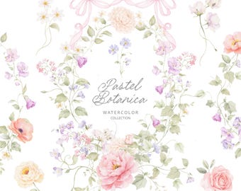 Watercolor Pastel Wildflowers Clipart Set: DIY Floral Elements, Bouquets, Wreaths, Crest, Ribbon Bows