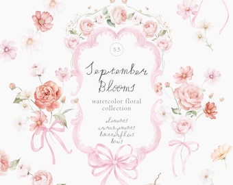 September Blooms Watercolor floral collection - elements, frames, bows and butterflies