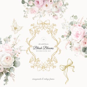 Aquarell Blumensammlung Clipart, Blumensträuße, rosa Rosen, Vintage Florals Clipart, Vintage Goldene Motive, Vintage-Stil