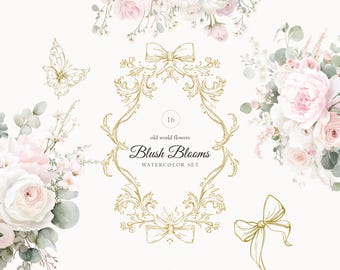 Watercolor Floral Clipart: Blush Pink Roses & Golden Motifs (PNG, 300 DPI)