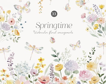 Springtime Watercolor Floral Set: Pastel Wildflowers Arrangements