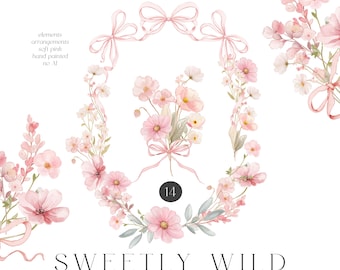 Watercolor Floral Clipart: Blush Pink Wildflowers DIY Elements and Arrangements, Instant Download