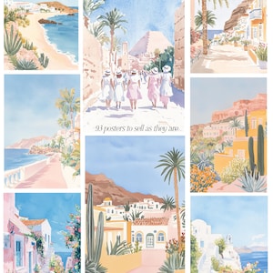 May include: A collection of watercolor paintings depicting scenes of a Mediterranean village. The paintings feature whitewashed buildings, blue skies, palm trees, and cobblestone streets. The paintings are framed and ready to hang.