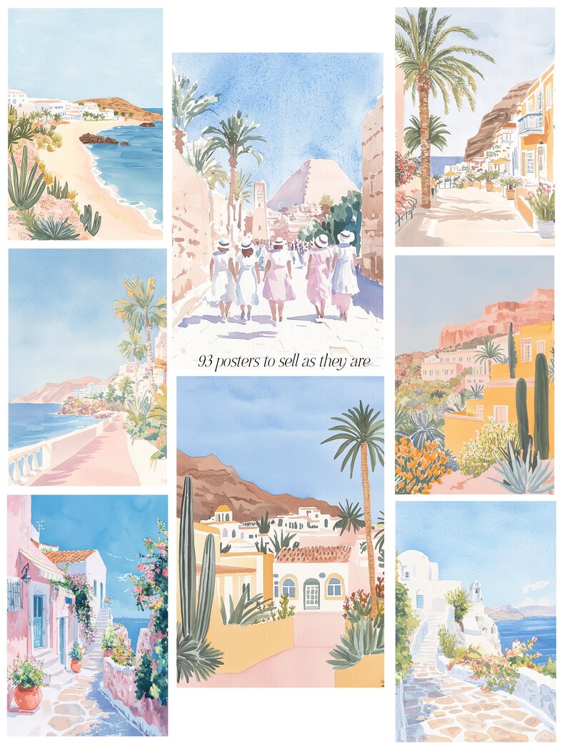 May include: A collection of watercolor paintings depicting scenes of a Mediterranean village. The paintings feature whitewashed buildings, blue skies, palm trees, and cobblestone streets. The paintings are framed and ready to hang.
