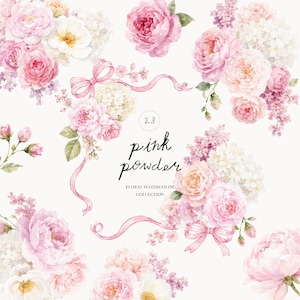 Può includere: Una collezione di illustrazioni floreali ad acquerello con peonie, rose e rametti di lillà rosa e bianchi disposti in grappoli. Il centro include una cornice a nastro rosa con il testo 28 pink powder FLORAL WATERCOLOR COLLECTION.