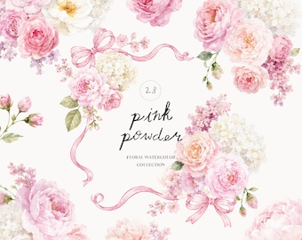 Blush Pink Floral Watercolor Clipart, Romantic Peony & Hydrangea Flower Collection