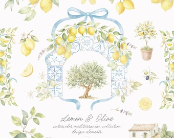Watercolor Lemon Clipart: Mediterranean Fruit & Blossom (Digital Download)