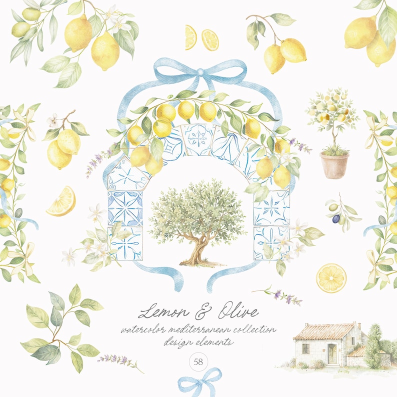 Watercolor Lemon Clipart: Mediterranean Fruit & Blossom (Digital Download) image 1