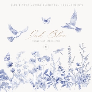 Chinoiserie bloemen clipart, blauwe chinoiserie bloemstukken, boeketten, randen, kransen, vintage botanische stijl, blauwe bloemen
