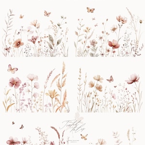 Puede incluir: Ilustraci&oacute;n de acuarela de una colecci&oacute;n de flores silvestres con mariposas. Las flores son en tonos de rosa, marr&oacute;n y blanco. Las mariposas son marrones y naranjas. El texto "Earthy Blooms Watercolor Wildfloral Collection" est&aacute; en la parte superior de la imagen. El texto "Tinted Tales Graphic Collection" est&aacute; en la parte inferior de la imagen.