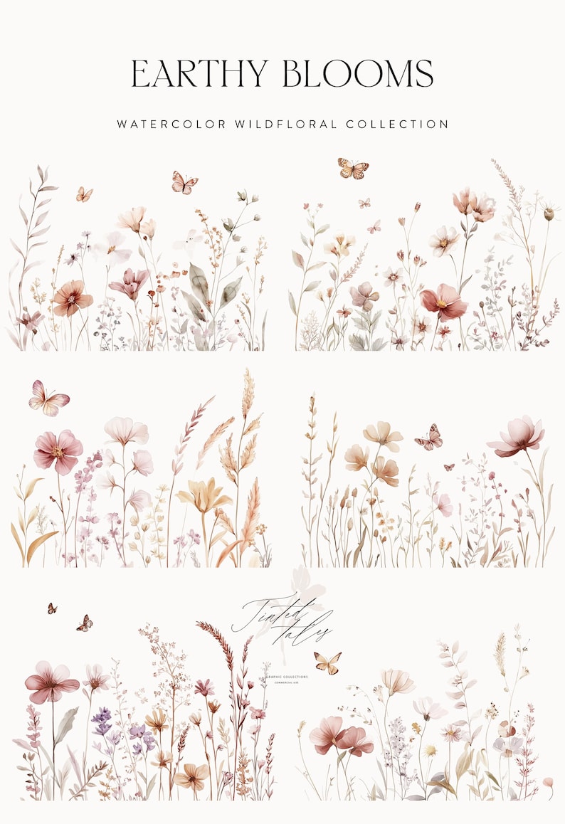 Puede incluir: Ilustraci&oacute;n de acuarela de una colecci&oacute;n de flores silvestres con mariposas. Las flores son en tonos de rosa, marr&oacute;n y blanco. Las mariposas son marrones y naranjas. El texto "Earthy Blooms Watercolor Wildfloral Collection" est&aacute; en la parte superior de la imagen. El texto "Tinted Tales Graphic Collection" est&aacute; en la parte inferior de la imagen.
