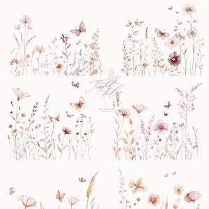 Puede incluir: Tres ilustraciones de acuarela de delicadas flores silvestres y mariposas en tonos rosa, marr&oacute;n y blanco. Las ilustraciones est&aacute;n dispuestas en una fila horizontal, con cada ilustraci&oacute;n presentando una disposici&oacute;n diferente de flores y mariposas.