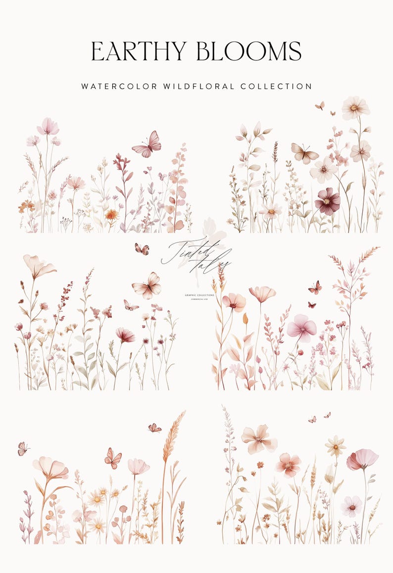 Puede incluir: Tres ilustraciones de acuarela de delicadas flores silvestres y mariposas en tonos rosa, marr&oacute;n y blanco. Las ilustraciones est&aacute;n dispuestas en una fila horizontal, con cada ilustraci&oacute;n presentando una disposici&oacute;n diferente de flores y mariposas.