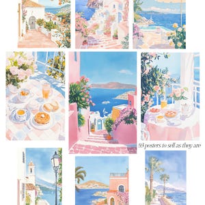 May include: Nine watercolor paintings of a Greek island town with white buildings, blue water, and pink flowers. The paintings are in a collage format, with each painting showing a different view of the town.