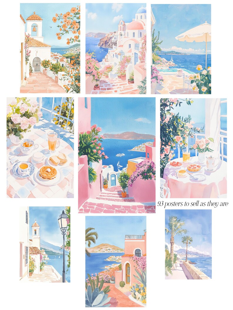 May include: Nine watercolor paintings of a Greek island town with white buildings, blue water, and pink flowers. The paintings are in a collage format, with each painting showing a different view of the town.