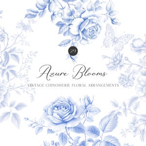 Chinoiserie bloemstukken, blauwe chinoiserie bloemenboeketten en kransen, vintage stijl, blauwe bloemen, botanische clipart, journaling