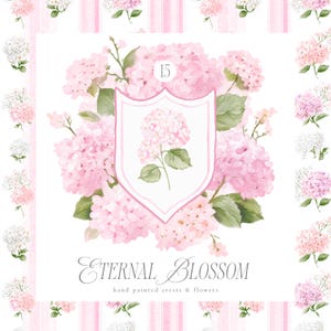 Clipart di collezione floreale ad acquerello, elementi floreali, ortensia rosa, motivi senza soluzione di continuità, creste di ortensia rosa, clipart Grand Millennial