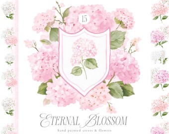 Watercolor Pink Hydrangea Clipart: Floral Crests & Seamless Patterns (Digital Download)