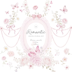 May include: A pastel floral set with a romantic theme. The design features pink roses, butterflies, bows, pearls, and lace. The text on the image reads "Romantic, Pastel Floral Set, blooms, pearls, bows & lace."