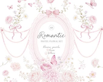 Romantic vintage floral collection - pastel blooms, lace, pearls and bows