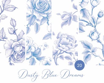 Chinoiserie Floral Seamless Patterns: Blue Vintage Clipart (JPG Digital Papers)