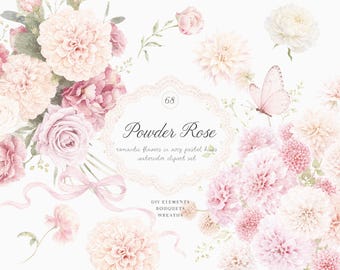 Watercolor Floral Elements, Bouquets and Arrangements with Vintage Frames and Butterflies