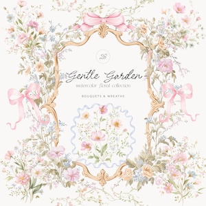 Puede incluir: Un diseño de colección floral en acuarela con un marco dorado ornamentado, lazos rosas y el texto "Gentle Garden". El diseño presenta ramos y coronas de flores en colores pastel, incluyendo flores rosas, melocotón y azules.