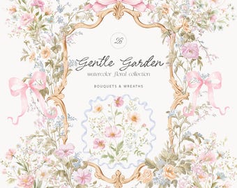 Watercolor Vintage Clipart Set: Floral Arrangements, Ribbon Bows