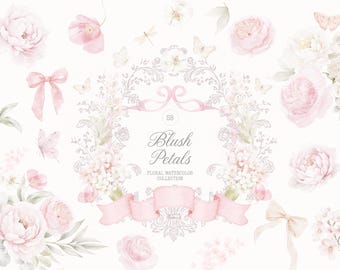 Watercolor floral collection - blush blooms, bows, crests and butterflies
