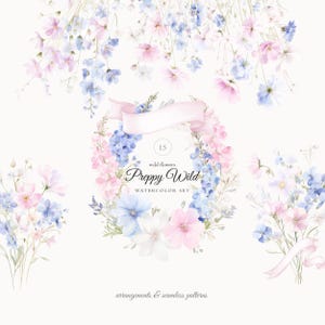 Ensemble floral preppy sauvage, aquarelle, fleurs sauvages roses et bleues, motifs sans couture bleu rose, couronnes des cliparts coquette, des cliparts mariage