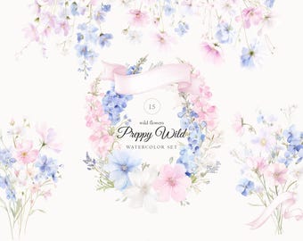 Watercolor Floral Clipart Set: Preppy Wildflowers, Seamless Patterns (Digital Download, Commercial License Included)