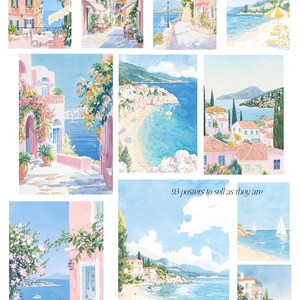 May include: A collection of nine watercolor paintings depicting various scenes of a coastal town. The paintings feature pastel colors, including pink, blue, and green, and depict buildings, beaches, and boats. The text "93 posters to sell as they are" is visible in the center of the image.