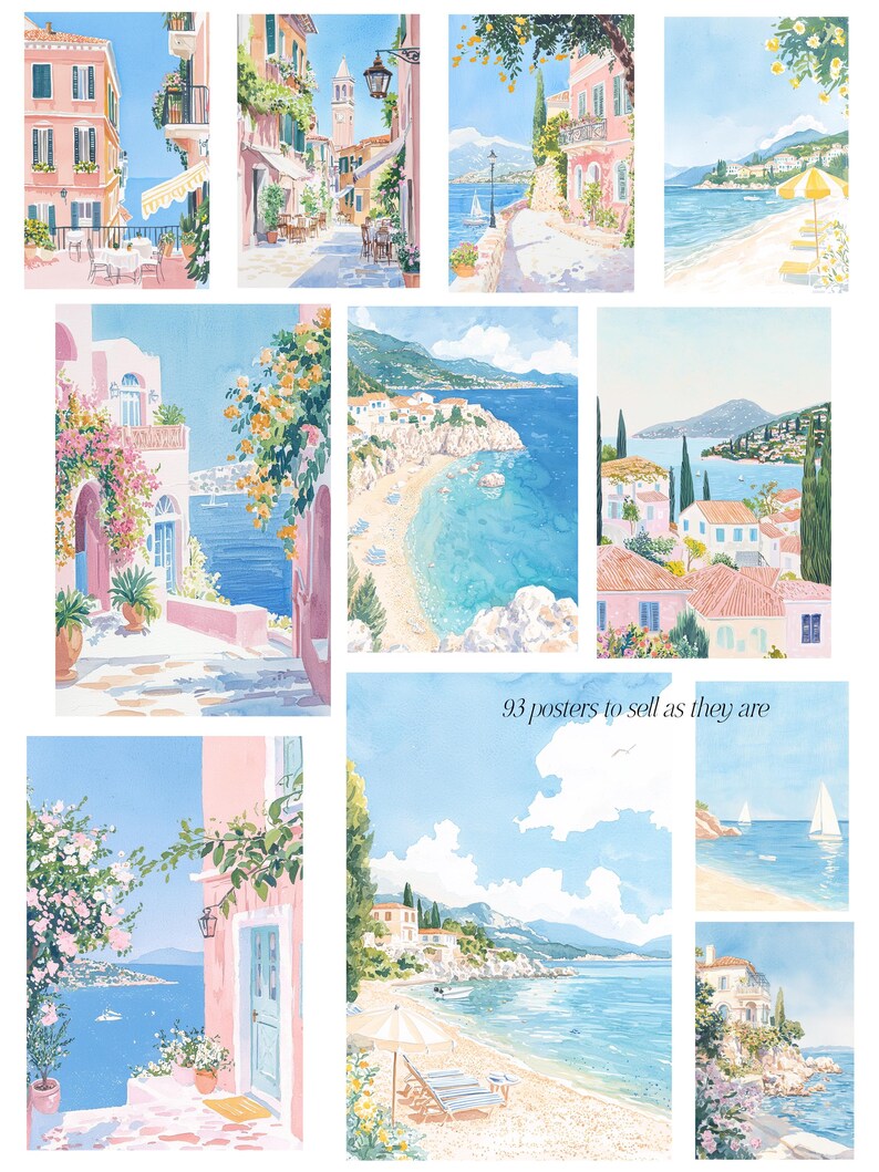 May include: A collection of nine watercolor paintings depicting various scenes of a coastal town. The paintings feature pastel colors, including pink, blue, and green, and depict buildings, beaches, and boats. The text "93 posters to sell as they are" is visible in the center of the image.