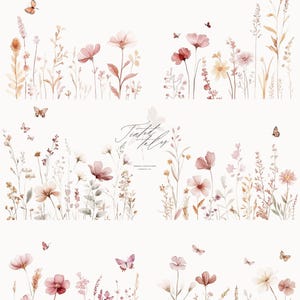 Puede incluir: Ilustraci&oacute;n de acuarela de una colecci&oacute;n de flores silvestres rosas y marrones con mariposas. El texto "Earthy Blooms Watercolor Wildfloral Collection" y "Tinted Flys Graphic Collections" est&aacute; incluido en la imagen.