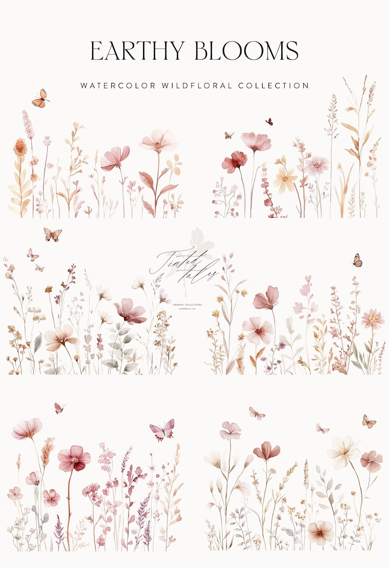 Puede incluir: Ilustraci&oacute;n de acuarela de una colecci&oacute;n de flores silvestres rosas y marrones con mariposas. El texto "Earthy Blooms Watercolor Wildfloral Collection" y "Tinted Flys Graphic Collections" est&aacute; incluido en la imagen.