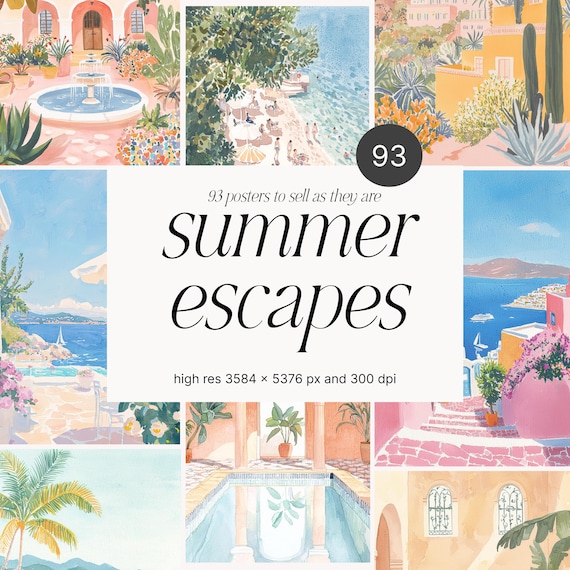 Summer Escape Watercolor Posters: Travel Art Collection (Digital Download)