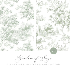 Peut inclure: Motif sans couture vert sauge et blanc avec un motif floral et paysager. Le motif comprend des illustrations de maisons, d'arbres et de fleurs. Le texte "Garden of Sage - Seamless Patterns Collection" est en bas.