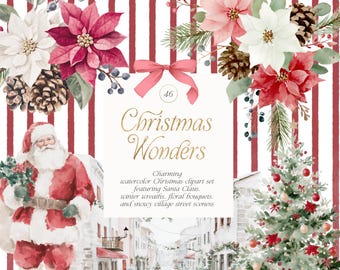 Puede incluir: Conjunto de imágenes prediseñadas navideñas en acuarela con Papá Noel, flores de pascua, piñas y una escena de pueblo nevado. El texto "Christmas Wonders" se muestra con un lazo rosa y un fondo a rayas rojas y blancas.