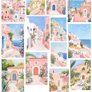 May include: A collection of 93 watercolor paintings depicting colorful Mediterranean scenes. The paintings feature pink buildings, blue skies, and lush greenery. Some paintings include palm trees, boats, and ocean views.