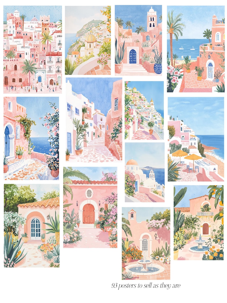 May include: A collection of 93 watercolor paintings depicting colorful Mediterranean scenes. The paintings feature pink buildings, blue skies, and lush greenery. Some paintings include palm trees, boats, and ocean views.