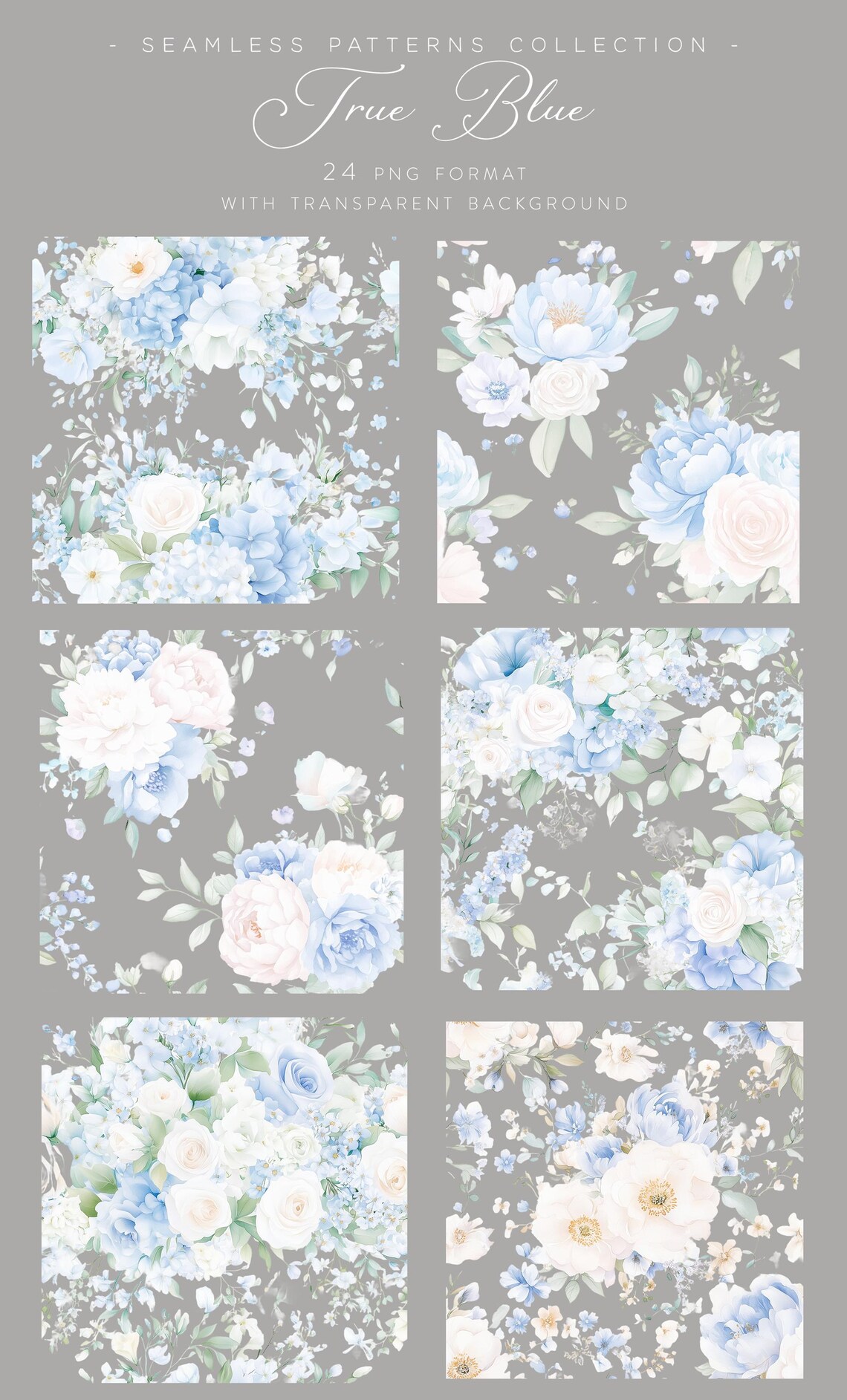 Dusty Blue Floral Seamless Patterns: Watercolor Roses (digital Download ...
