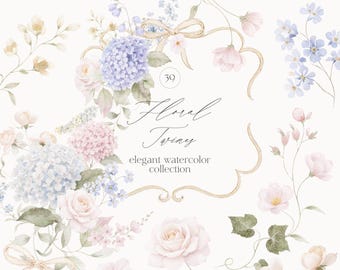 Watercolor Pastel Flowers Clipart Set: Bouquets, Frames, Wreaths, Ribbons