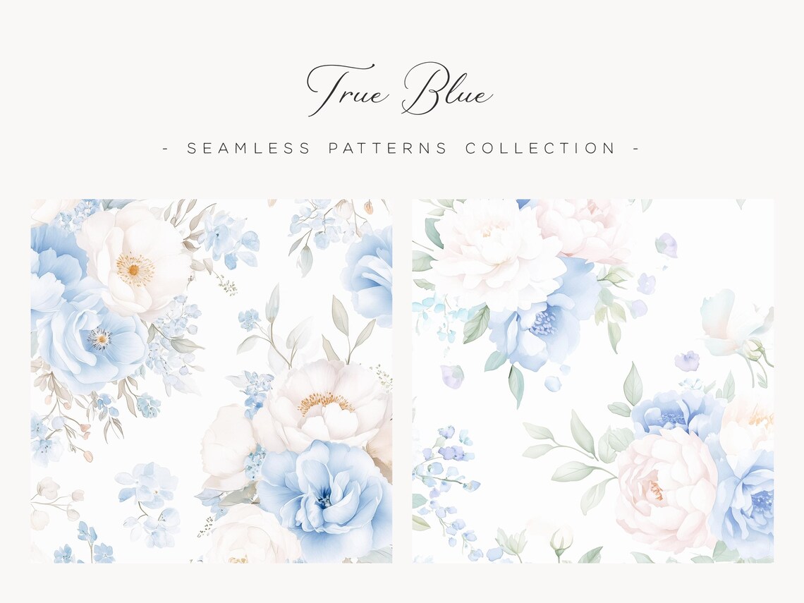 Dusty Blue Floral Seamless Patterns: Watercolor Roses (digital Download ...