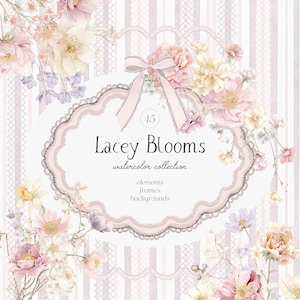 Op de afbeelding: Waterverfillustratie met een bloemenontwerp en de tekst "Lacey Blooms watercolor collection". De afbeelding toont een verscheidenheid aan bloemen in zachte roze, crème en paarse tinten, gerangschikt rond een decoratief ovaal frame met een strik.