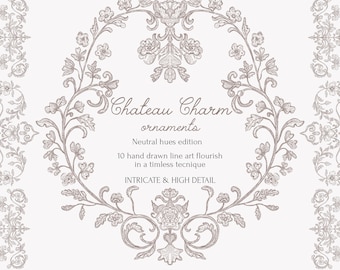 Akvarell blommig linjekonst Clipart: Barocka ornament (digital nedladdning, kommersiell licens ingår)