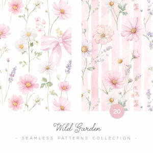 Può includere: Motivi floreali ad acquerello senza cuciture con fiori di cosmo rosa, margherite bianche e rametti di lavanda su sfondo bianco e sfondo a righe rosa. È presente anche un fiocco rosa. Il testo "Wild Garden - Seamless Patterns Collection" è in basso.