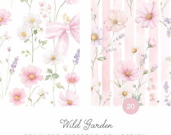 Pastel Blush Wildflowers Seamless Patterns: Watercolor Floral Digital Papers