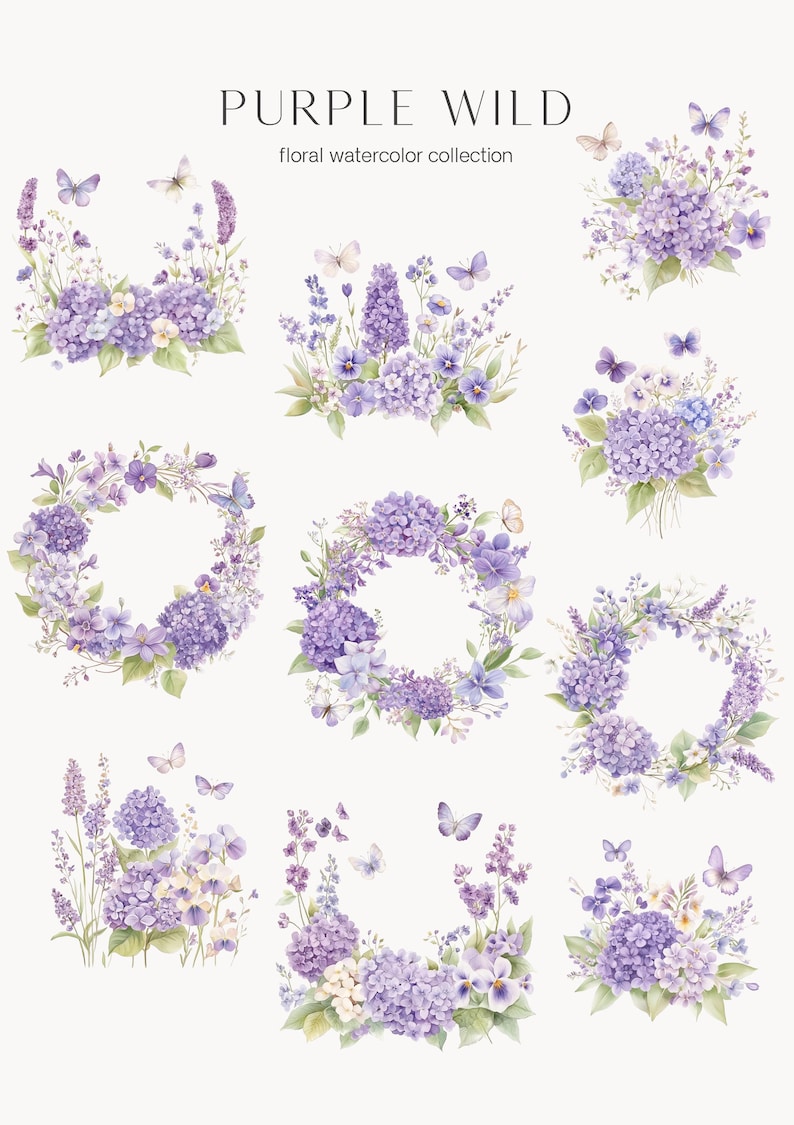 Watercolor Purple Floral Clipart: Lilac, Hydrangea (Digital Download) image 2