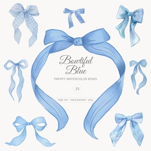 Watercolor Blue Coquette Ribbons Clipart, Coquette Clipart, Simple Ribbons, Blue Bows Seamless Patterns, Dusty Blue Bow Ribbons Clipart Set