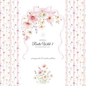 Ensemble floral sauvage rustique, aquarelle, bordures de fleurs sauvages des prés, couronnes, bouquets de fleurs sauvages, clipart coquette rustique, clipart mariage
